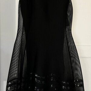 DKNY Sequin Embroidered Mesh Illusion Hem V Neckline Sleeveless Fit and Flare